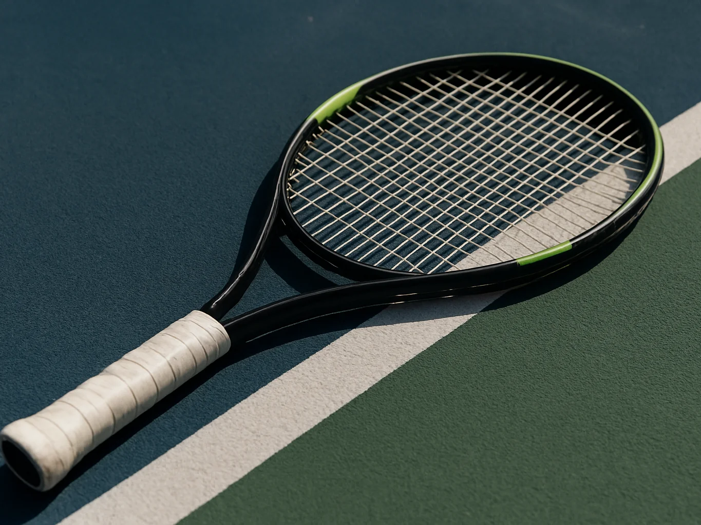 Close candid detail of a tennis racket and grip tape on a navy co