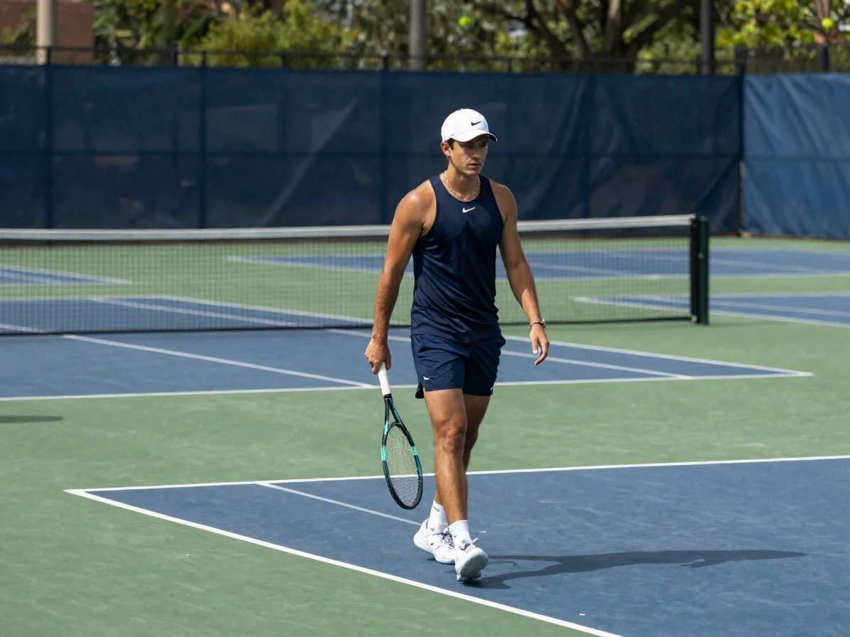 Candid environmental portrait of a tennis player walking off a Bi