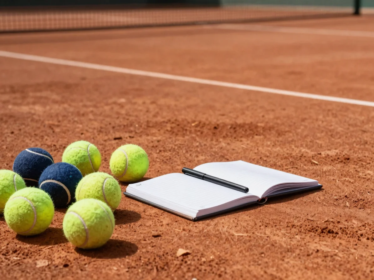 Practice detail of tennis balls and a notebook on a clay court ed