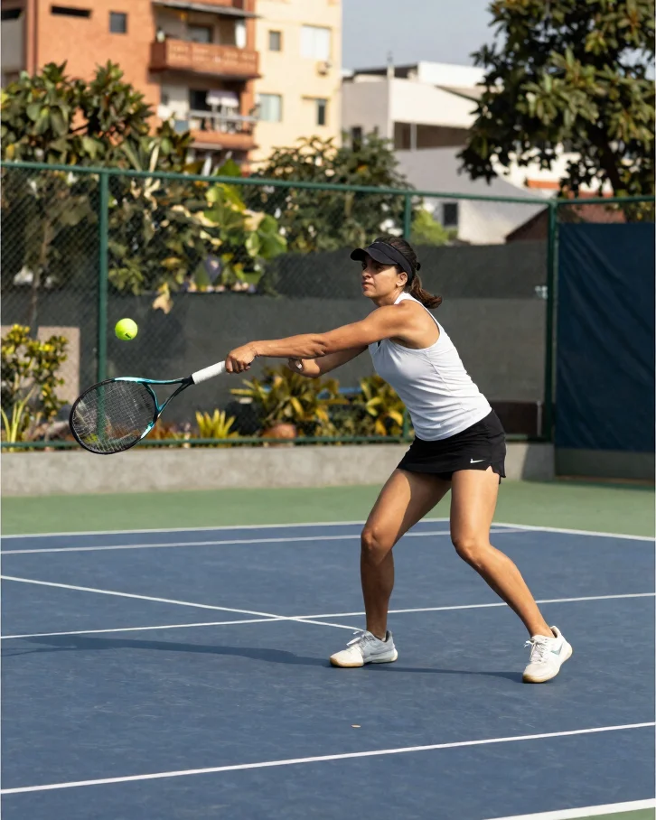 Intense editorial sports portrait of a female tennis player mid-s