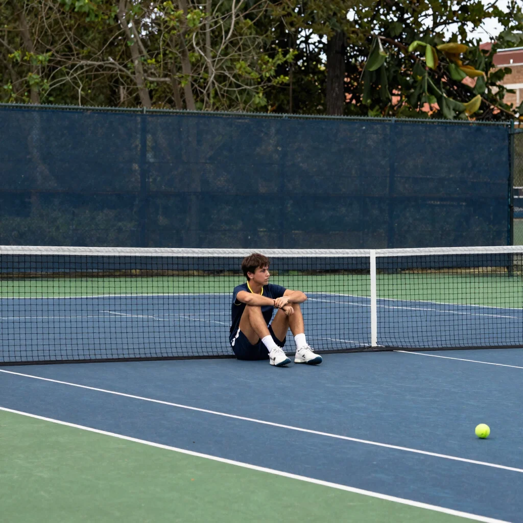 Candid environmental portrait of a young tennis player resting be