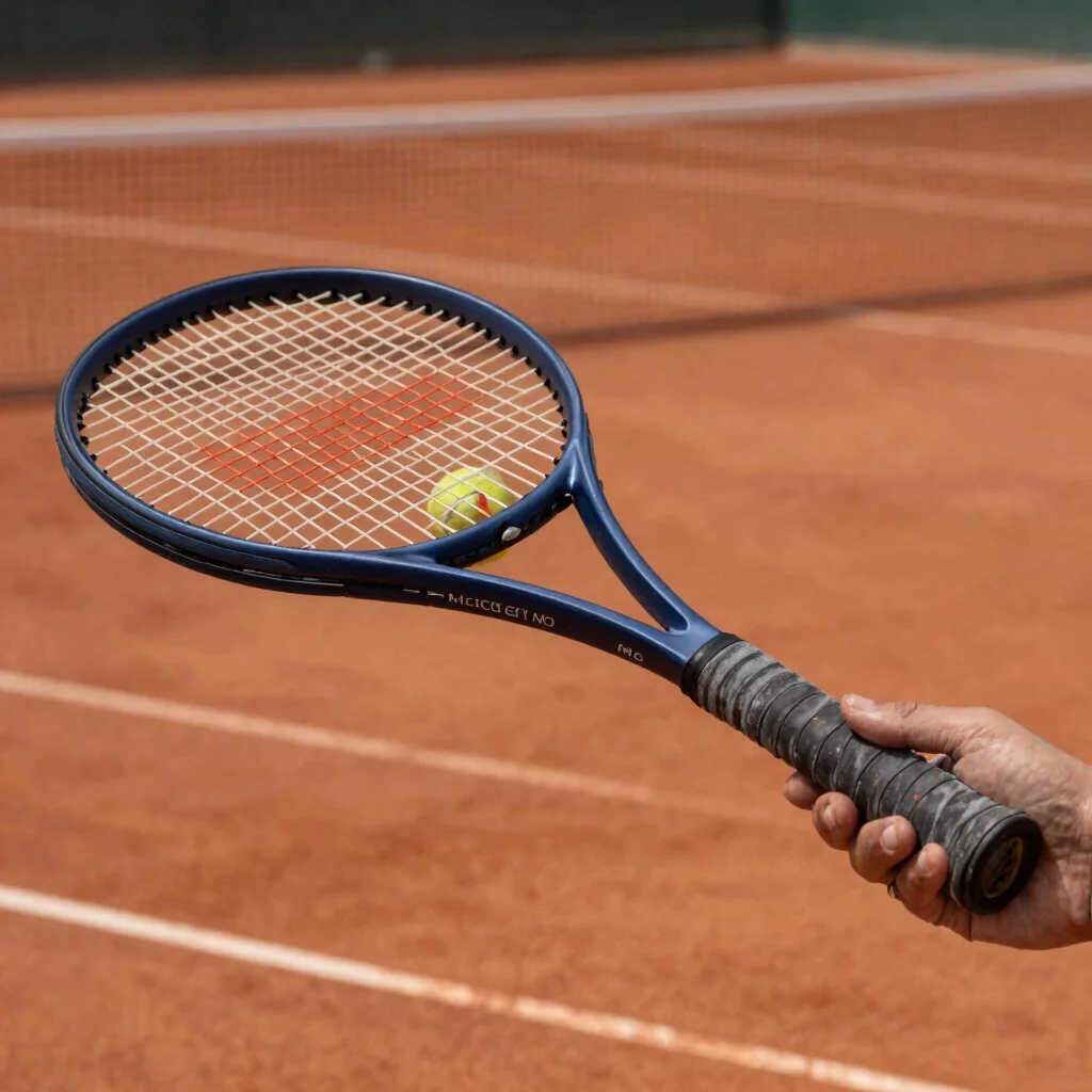 Close detail of tennis strings and a worn grip during a training