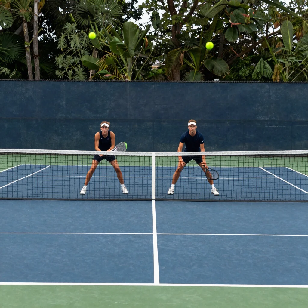Doubles partners moving forward at the net during a collegiate ma