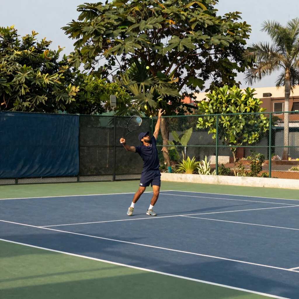 Everyday Indian urban tennis court with local vegetation and warm