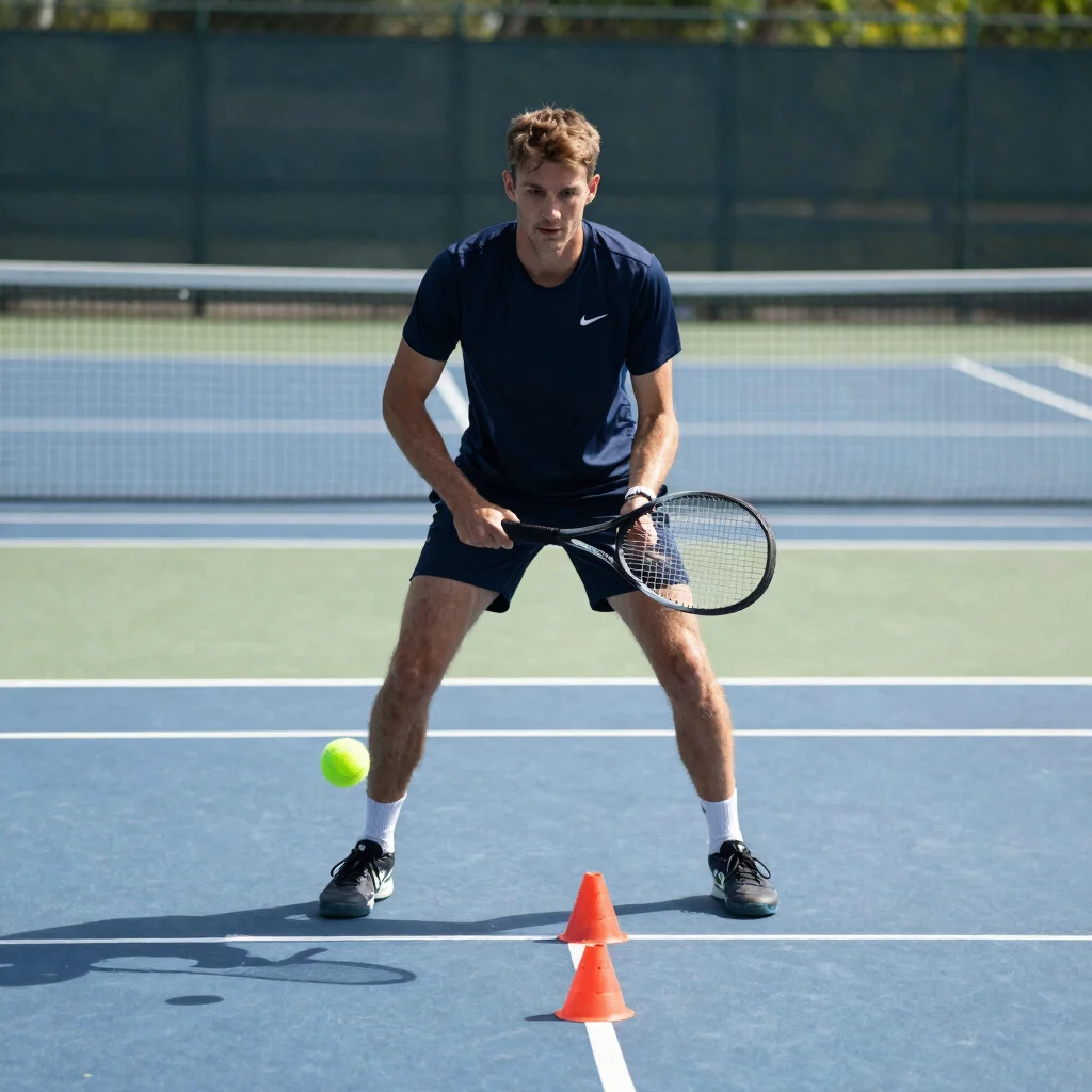 Training drill on a court with ball hopper and cones, natural day