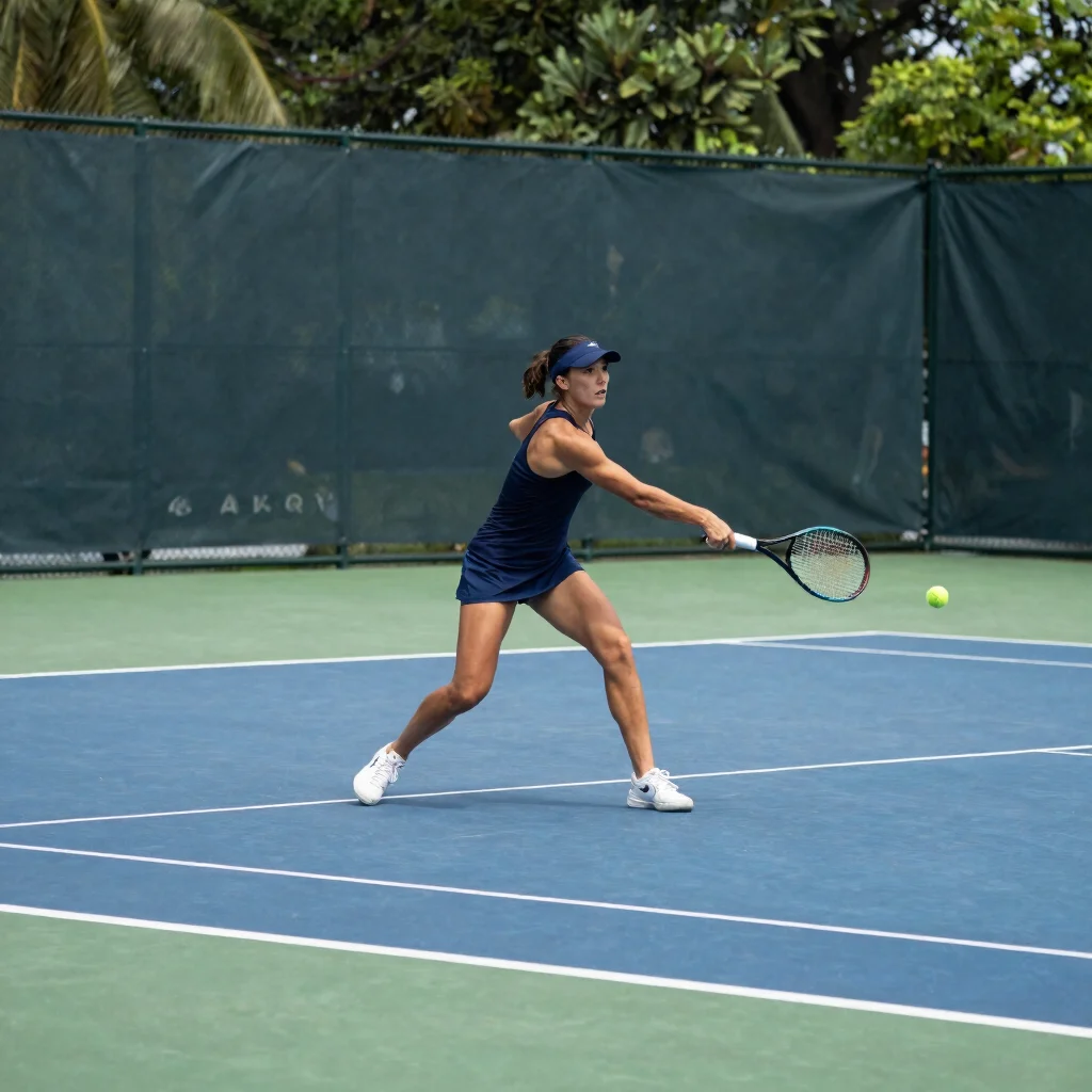 Editorial sports photograph of a female tennis player in a navy k